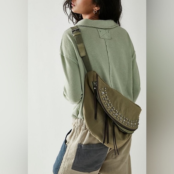 Free People Handbags - Free People At Ease Embellished sling bag green canvas NEW